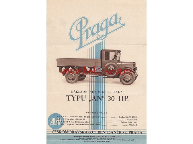 NÁKLADNÍ AUTOMOBIL PRAGA TYPU AN 30 HP - ČESKOMORAVSKÁ KOLBEN DANĚK - REKLAMNÍ PROSPEKT A4 - 1929