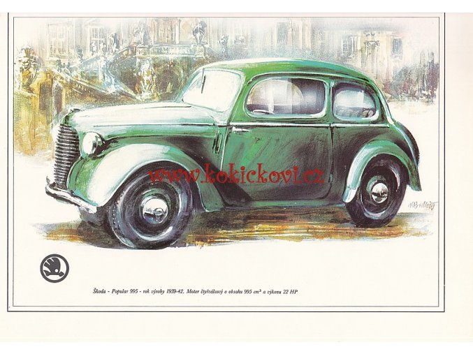 ŠKODA POPULAR 995  - REKLAMNÍ KRESBA REPRODUKCE - VLADIMÍR BIDLO - 24 X 31 CM