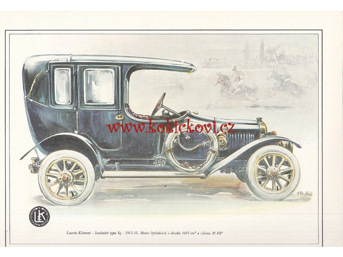 LAURIN KLEMENT LANDAULET TYPU Sg - REKLAMNÍ KRESBA REPRODUKCE - VLADIMÍR BIDLO - 24 X 31 CM