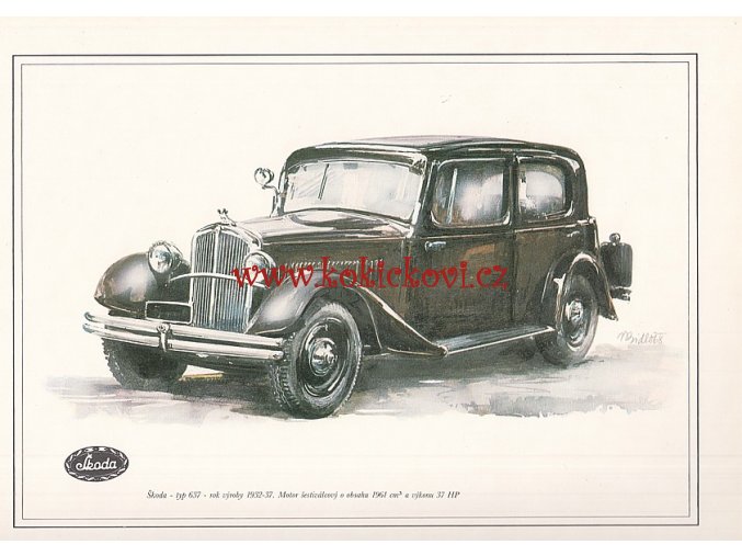 ŠKODA TYP 637 - REKLAMNÍ KRESBA REPRODUKCE - VLADIMÍR BIDLO - 24 X 31 CM