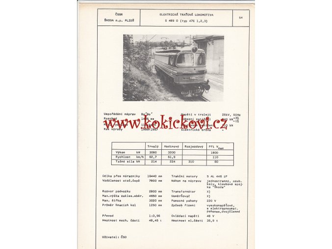 ELEKTRICKÁ TRAŤOVÁ LOKOMOTIVA S 489 0 - ČSSR ŠKODA PLZEŇ - TYPOVÝ LIST