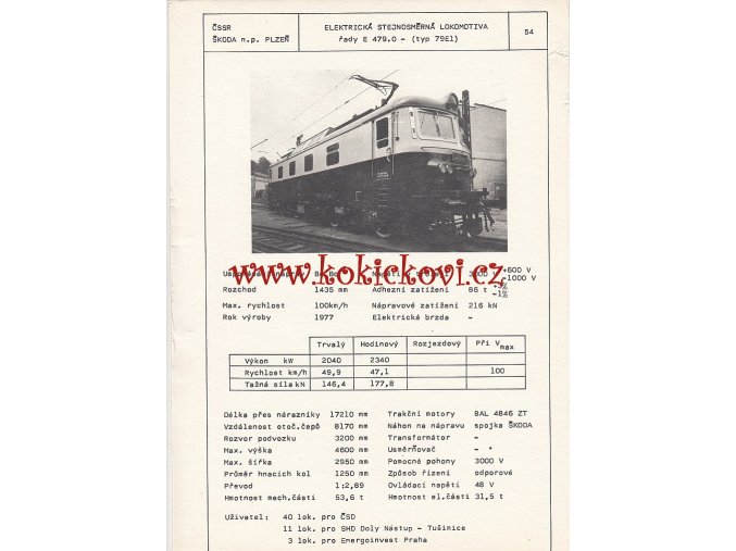 ELEKTRICKÁ STEJNOSMĚRNÁ LOKOMOTIVA E 479.0 - ČSSR ŠKODA PLZEŇ - TYPOVÝ LIST