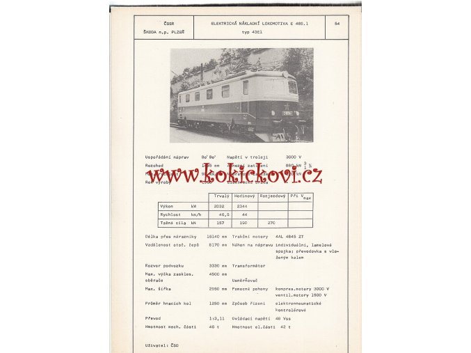 ELEKTRICKÁ NÁKLADNÍ LOKOMOTIVA E 461.1 ( TYP 43 E1 ) - ČSSR ŠKODA PLZEŇ - TYPOVÝ LIST