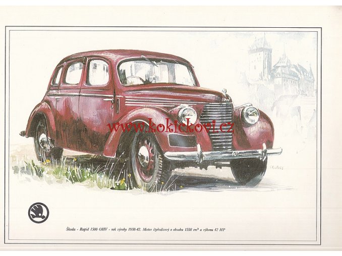 ŠKODA RAPID 1500 OHV - REKLAMNÍ KRESBA REPRODUKCE - VLADIMÍR BIDLO - 24 X 31 CM