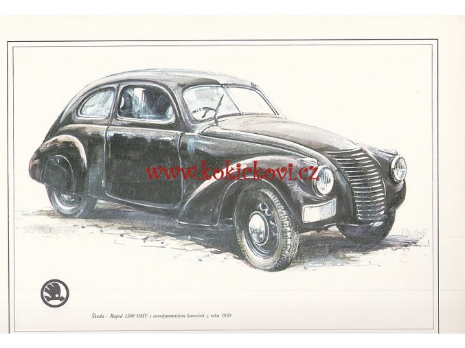 ŠKODA RAPID 1500 OHV - REKLAMNÍ KRESBA REPRODUKCE - VLADIMÍR BIDLO - 24 X 31 CM