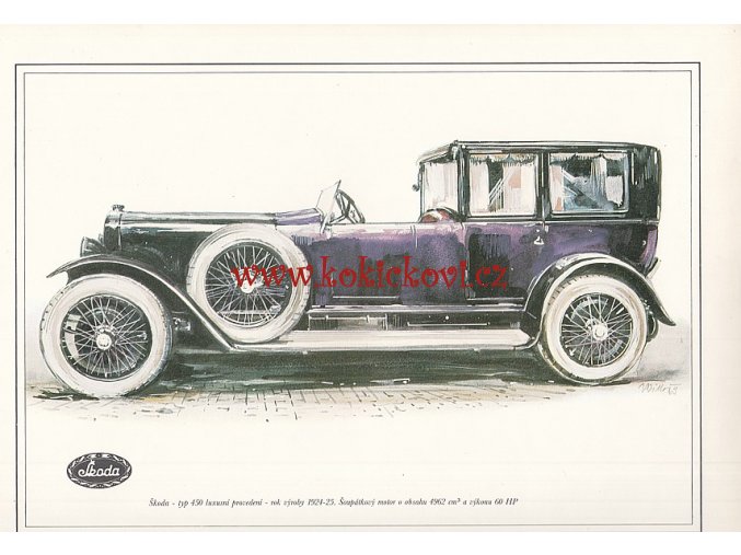 ŠKODA TYP 450 LUXUS - REKLAMNÍ KRESBA REPRODUKCE - VLADIMÍR BIDLO - 24 X 31 CM