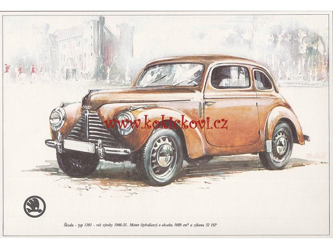 ŠKODA 1101 R.V. 1946-51 - REKLAMNÍ KRESBA REPRODUKCE - VLADIMÍR BIDLO - 1968