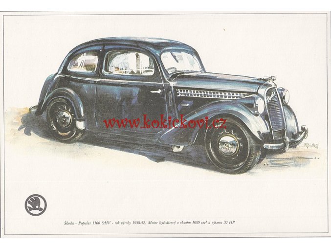 ŠKODA POPULAR 1100 OHV  R.V. 1938-1942 REKLAMNÍ KRESBA REPRODUKCE - VLADIMÍR BIDLO - 1969