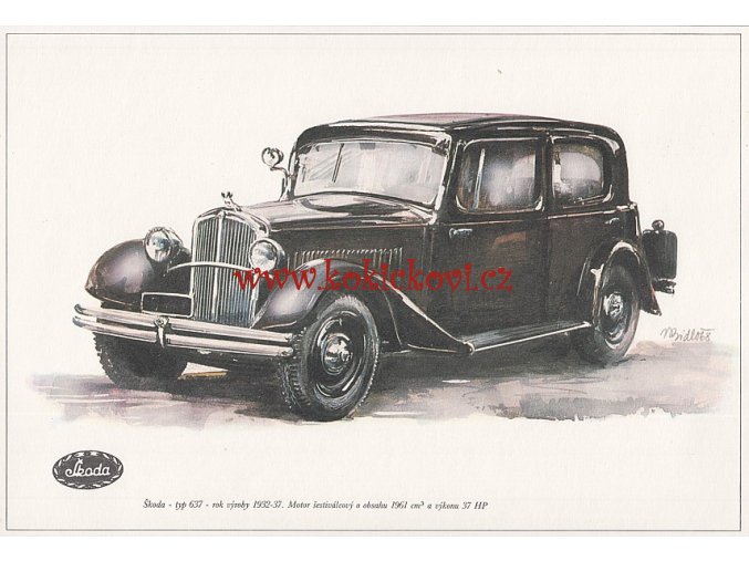 ŠKODA TYP 637 R.V. 1932-1937 REKLAMNÍ KRESBA REPRODUKCE - VLADIMÍR BIDLO - 1968