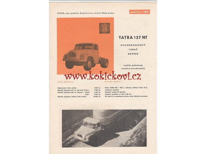 Tatra 137 NT - dvounápravový tahač návěsů - prospekt - 4 strany A4 - 1961
