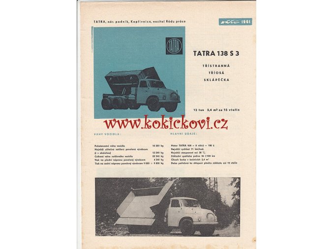 Tatra 138 S3 TŘÍSTRANNÁ TŘÍOSÁ SKLÁPĚČKA - prospekt- 4 strany A4 - 1961