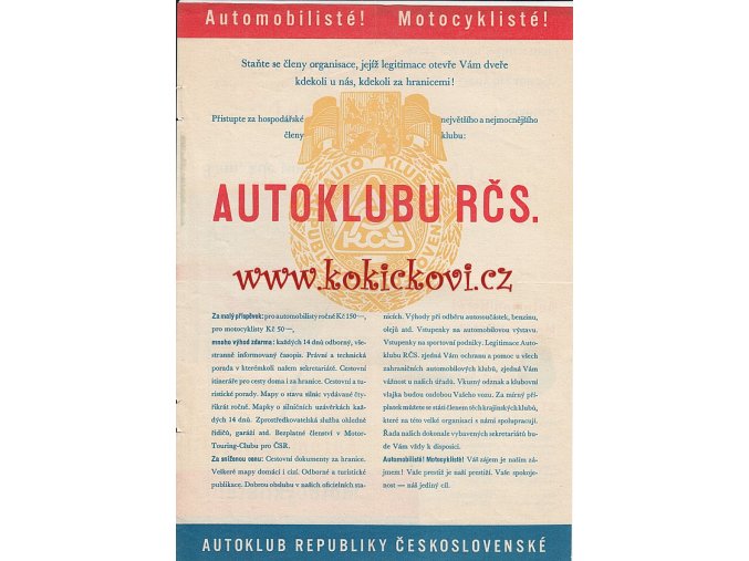 AUTOKLUB RČS - REKLAMNÍ PLAKÁTEK ROZMĚRY A4 -1932
