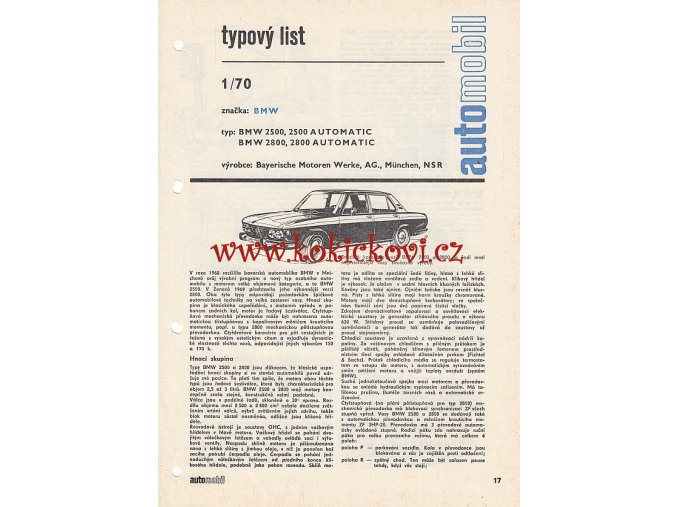 BMW 2500 AUTOMATIC A 2800 TYPOVÝ LIST - 4 STRANY A4