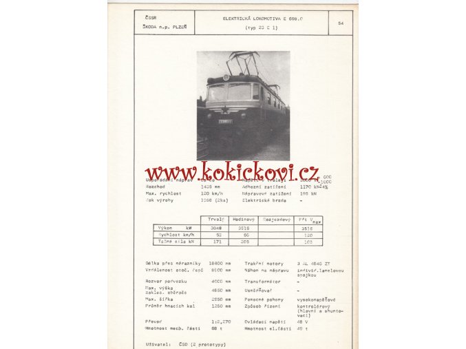 ELEKTRICKÁ LOKOMOTIVA E 698. 0 - ČSSR ŠKODA PLZEŇ - TYPOVÝ LIST