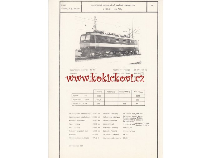 ELEKTRICKÁ UNIVERZÁLNÍ TRAŤOVÁ LOKOMOTIVA S 499.2 - ČSSR ŠKODA PLZEŇ - TYPOVÝ LIST