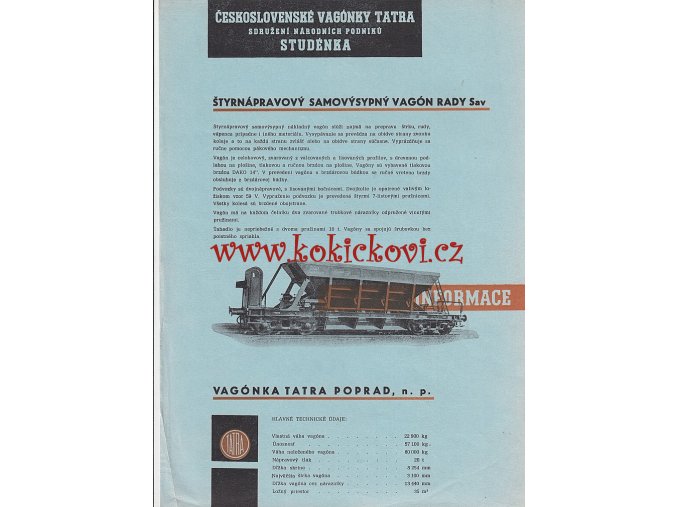 4NÁPRAVOVÝ SAMOVÝSYPNÝ VAGÓN RADY SAV - REKLAMNÍ PROSPEKT A4 Z ROKU 1962 - TATRA VAGÓNKA STUDÉNKA