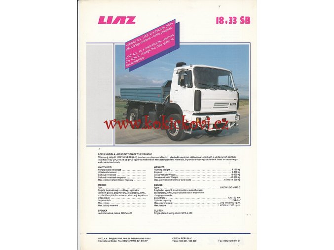 LIAZ 18.33 SB - prospekt - 1 list - ČESKY A ANGLICKY
