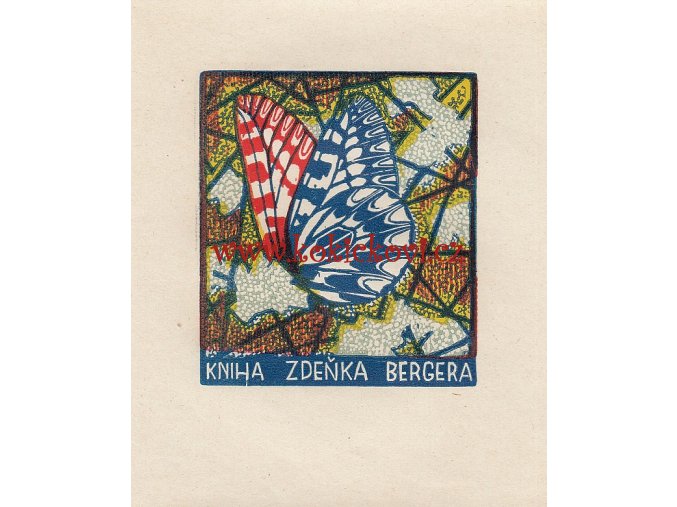 Anna Macková - MOTÝL - EX LIBRIS -  barevný dřevoryt, 7,8 x 6,5 cm