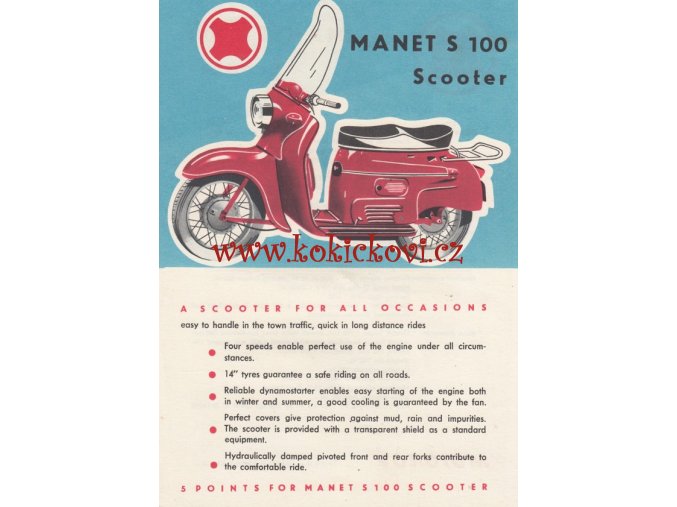 SKÚTR MANET S 100 - ORIGINÁLNÍ BAREVNÝ PROSPEKT - ANGLICKY - A5 -195? - MOTOKOV