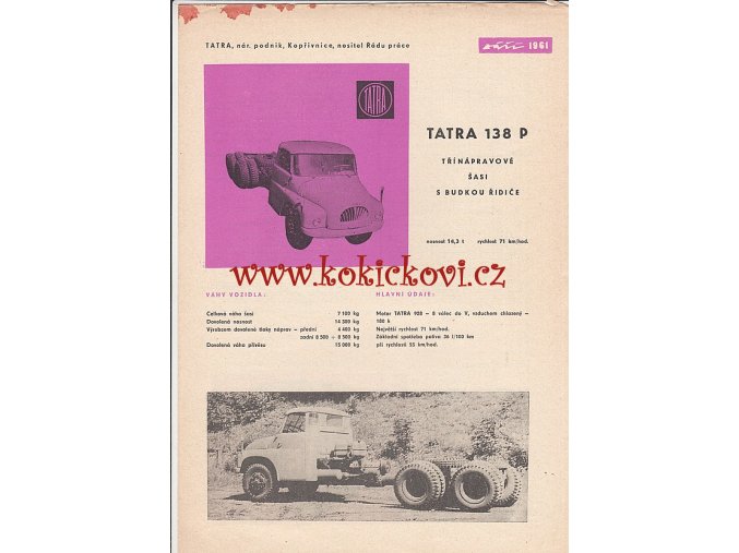 Tatra 138 P třínápravové šasi s budkou řidiče - prospekt - 1961