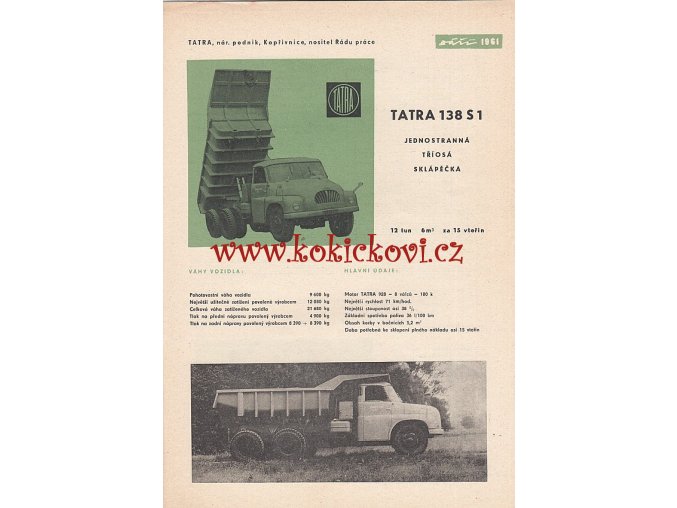 Tatra 138 S1 jednostranná tříosá sklápěčka - 1961 - prospekt