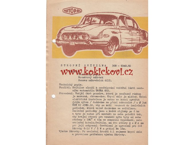 PROSPEKT STROPNÍ SVÍTILNA - TATRA 603 - AUTOPAL - 1 LIST A5