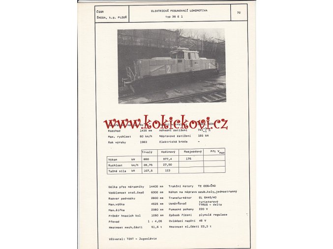 ELEKTRICKÁ POSUNOVACÍ LOKOMOTIVA TYP 36 E 1)  - ČSSR ŠKODA PLZEŇ - TYPOVÝ LIST