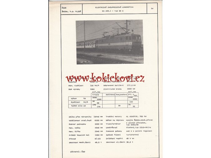 ELEKTRICKÁ DVOUPROUDOVÁ LOKOMOTIVA ES 499.1  - ČSSR ŠKODA PLZEŇ - TYPOVÝ LIST