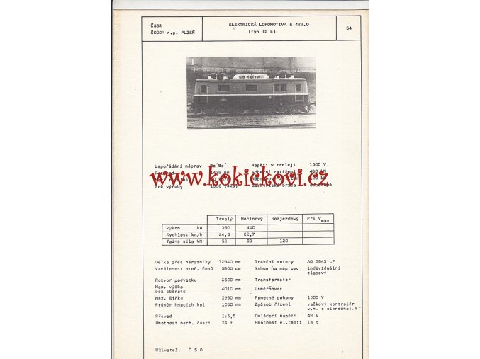 ELEKTRICKÁ LOKOMOTIVAE 422.0  - ČSSR ŠKODA PLZEŇ - TYPOVÝ LIST - 1A