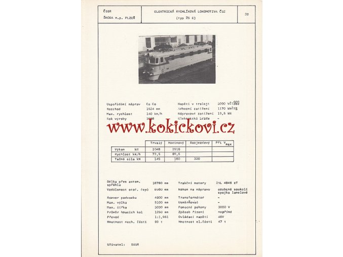 ELEKTRICKÁ RYCHLÍKOVÁ LOKOMOTIVA TYP 25E ČSSR ŠKODA PLZEŇ - TYPOVÝ LIST - 1A