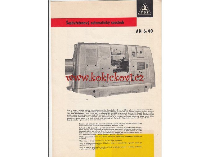 ŠESTIVŘETENOVÝ AUTOMATICKÝ  SOUSTRUH AN 6/40 - ZÁVODY GOTTWALDOV - REKLAMNÍ PROSPEKT A4 - 1 LIST, 2 STRANY - 1966