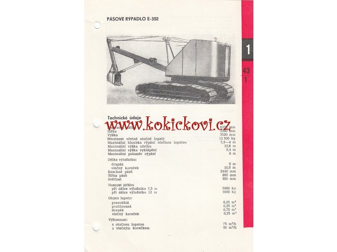 PÁSOVÉ RÝPADLO E-352 - KATALOGOVÝ LIST - 1 LIST - 2 STRANY A5 - 1967