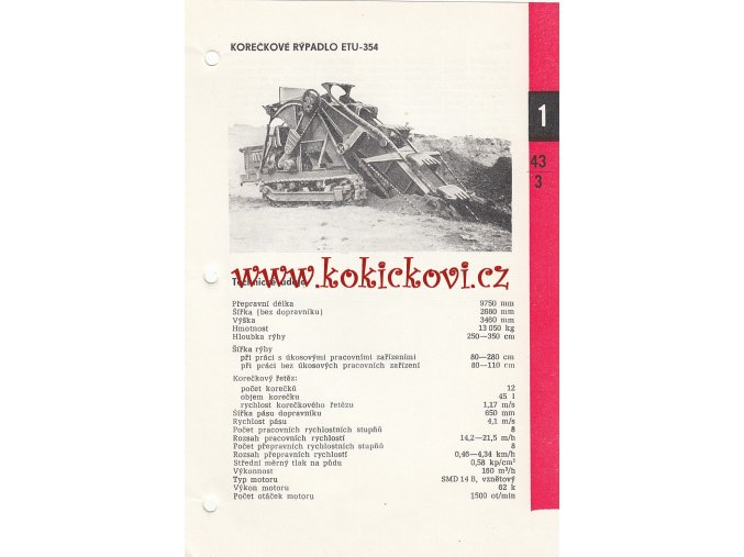 KOREČKOVÉ RÝPADLO ETU 354 - KATALOGOVÝ LIST - 1 LIST - 2 STRANY A5 - 1967