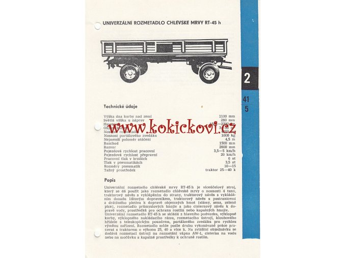 UNIVERZÁLNÍ ROZMETADLO CHLÉVSKÉ MRVY RT-45 h - KATALOGOVÝ LIST - 1 LIST  - 2 STRANY A5 - 1967