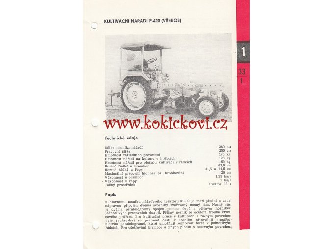 KULTIVAČNÍ NÁŘADÍ P-420 (VŠEROB) TRAKTOR ZETOR RS-09 - KATALOGOVÝ LIST - 1 LIST  - 2 STRANY A5 - 1967