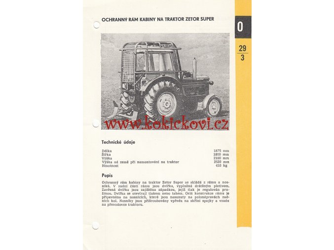 OCHRANNÝ RÁM KABINY NA TRAKTOR ZETOR SUPER - KATALOGOVÝ LIST - 1 LIST  - 2 STRANY A5 - 1967