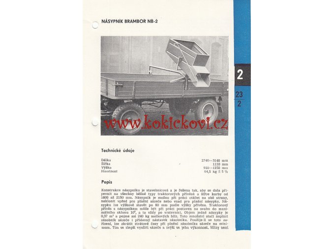 NÁSYPNÍK BRAMBOR NB-2 - KATALOGOVÝ LIST - 1 LIST  - 2 STRANY A5 - 1967