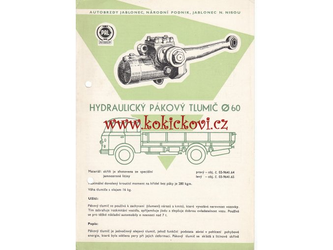 HYDRAULICKÝ PÁKOVÝ TLUMIČ PRŮMĚR 60 - ŠKODA 706 RTO - RO - R - AUTOBRZDY JABLONEC