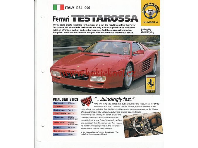 FERRARI TESTAROSSA - KATALOGOVÝ LIST - 4 STRANY - ANGLICKY - ROZMĚRY  21*24 CM