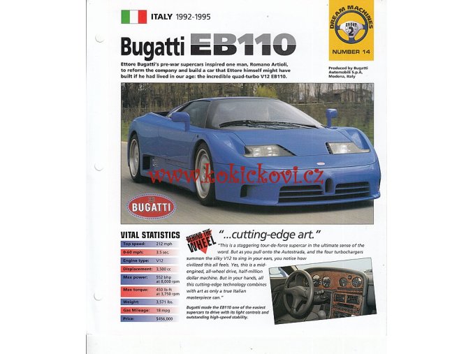 BUGATTI EB110 - KATALOGOVÝ LIST - 4 STRANY - ANGLICKY - ROZMĚRY  21*24 CM