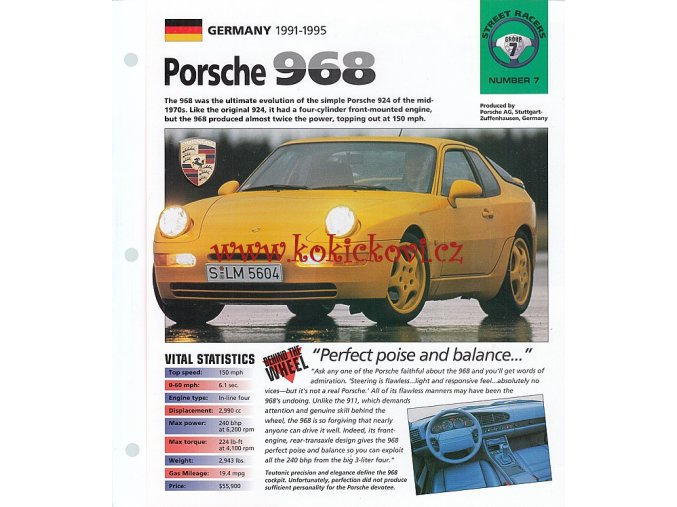 PORSCHE 968 - KATALOGOVÝ LIST - 4 STRANY - ANGLICKY - ROZMĚRY  21*24 CM