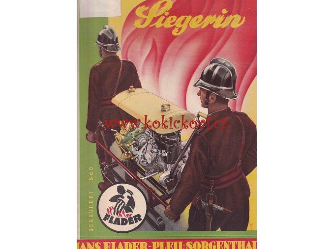 Flader - Siegerin - hasič, střílačka - papírová reklamní cedule - 1935 Černý Potok, Vejprty (okr. Chomutov)