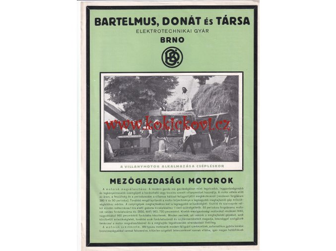 ELEKTRICKÉ MOTORY BARTELMUS DONÁT A SPOL BRNO - REKLAMNÍ PROSPEKT A4 - 1925 - 2 STRANY - MAĎARSKY