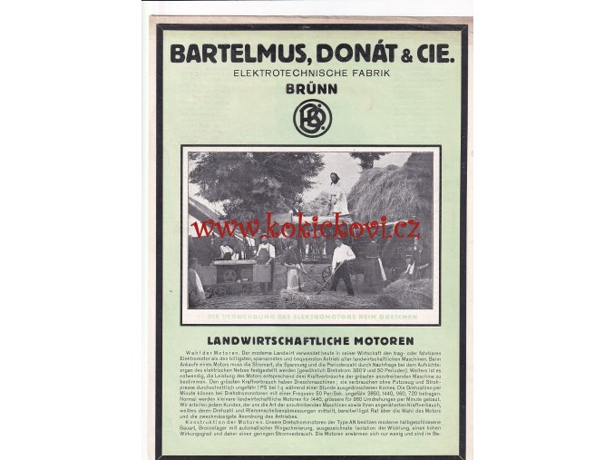 ELEKTRICKÉ MOTORY BARTELMUS DONÁT A SPOL BRNO - REKLAMNÍ PROSPEKT A4 - 1925 - 2 STRANY - NĚMECKY