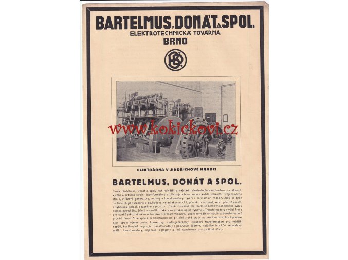 BARTELMUS DONÁT A SPOL BRNO - REKLAMNÍ PROSPEKT A4 - 1925 - 2 STRANY - VELETRH 1925 - ELEKTRÁRNA JINDŘICHŮV HRADEC