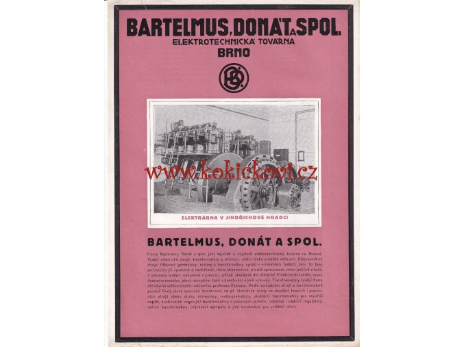 BARTELMUS DONÁT A SPOL BRNO - REKLAMNÍ PROSPEKT VYBAVENÍ ELEKTRÁRNY JINDŘÍCHŮV HRADEC - A4 - JARNÍ VELETRH 1925 - 2 STRANY - ČESKY
