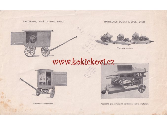 BARTELMUS DONÁT A SPOL BRNO - REKLAMNÍ LETÁK - ELEKTRICKÁ LOKOMOBILA - MOTORY - POJEZDNÁ PILA