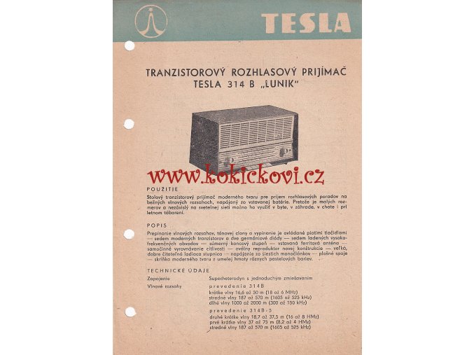 TRANZISTOROVÝ ROZHLASOVÝ PŘIJÍMAČ TESLA 314 B LUNÍK REKLAMNÍ PROSPEKT A5