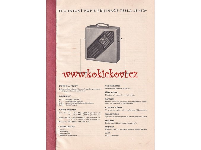 TESLA B 452 TECHNICKÝ POPIS PŘÍSTROJE  - A4 - 14 STRAN - přenosný kufříkový pětiobvodový superhet