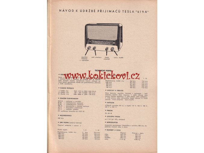 TESLA 619 A  - NÁVOD K ÚDRŽBĚ PŘIJÍMAČŮ - A4